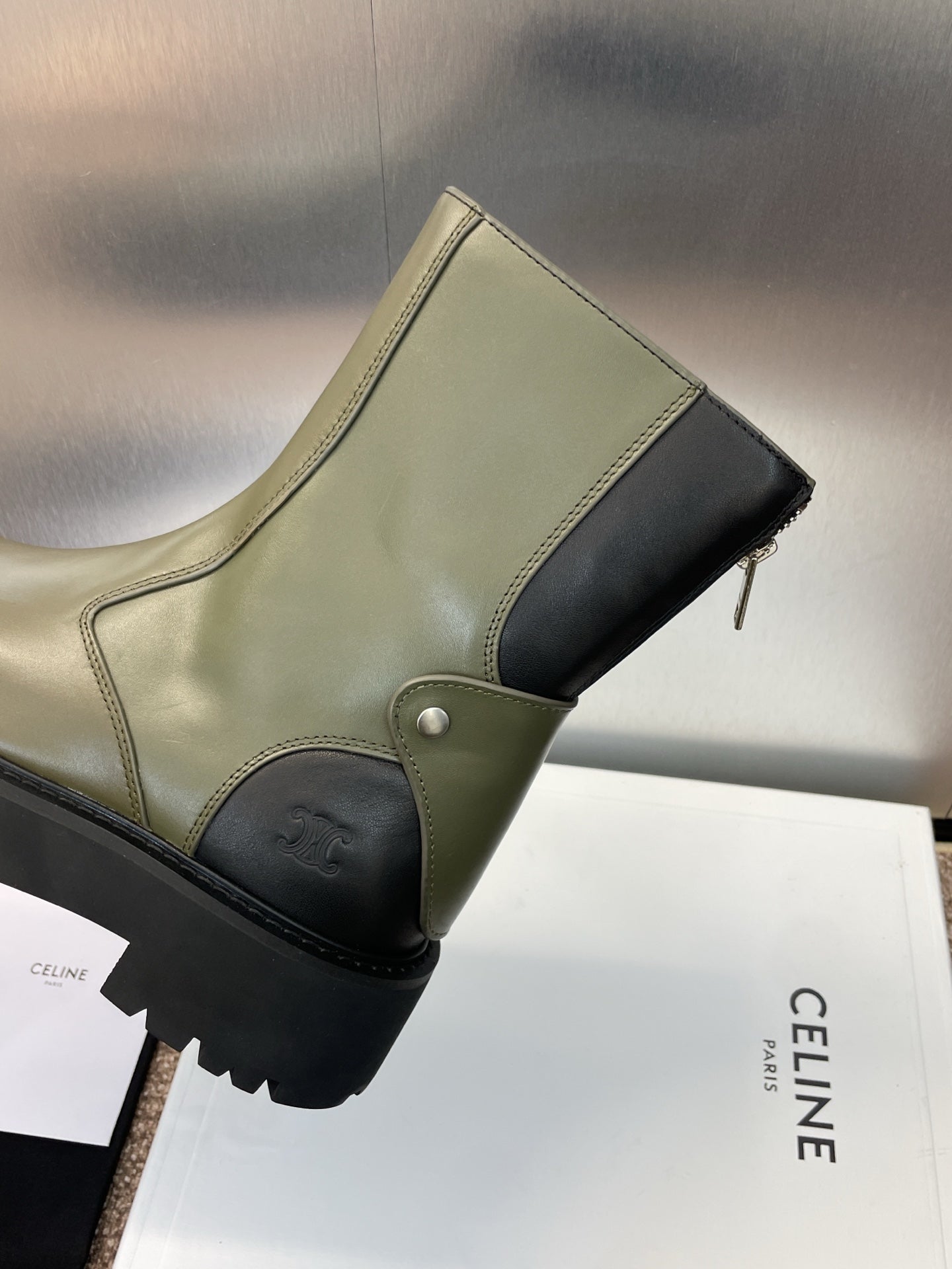 CELINE 26S ANKLE BOOTS 45 MM IN MOSS GREEN CALFSKIN