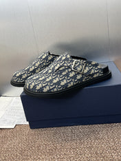 DIOR 25S AQUA MULES WITH OBLIQUE PATTERN IN DEEP BLUE CANVAS