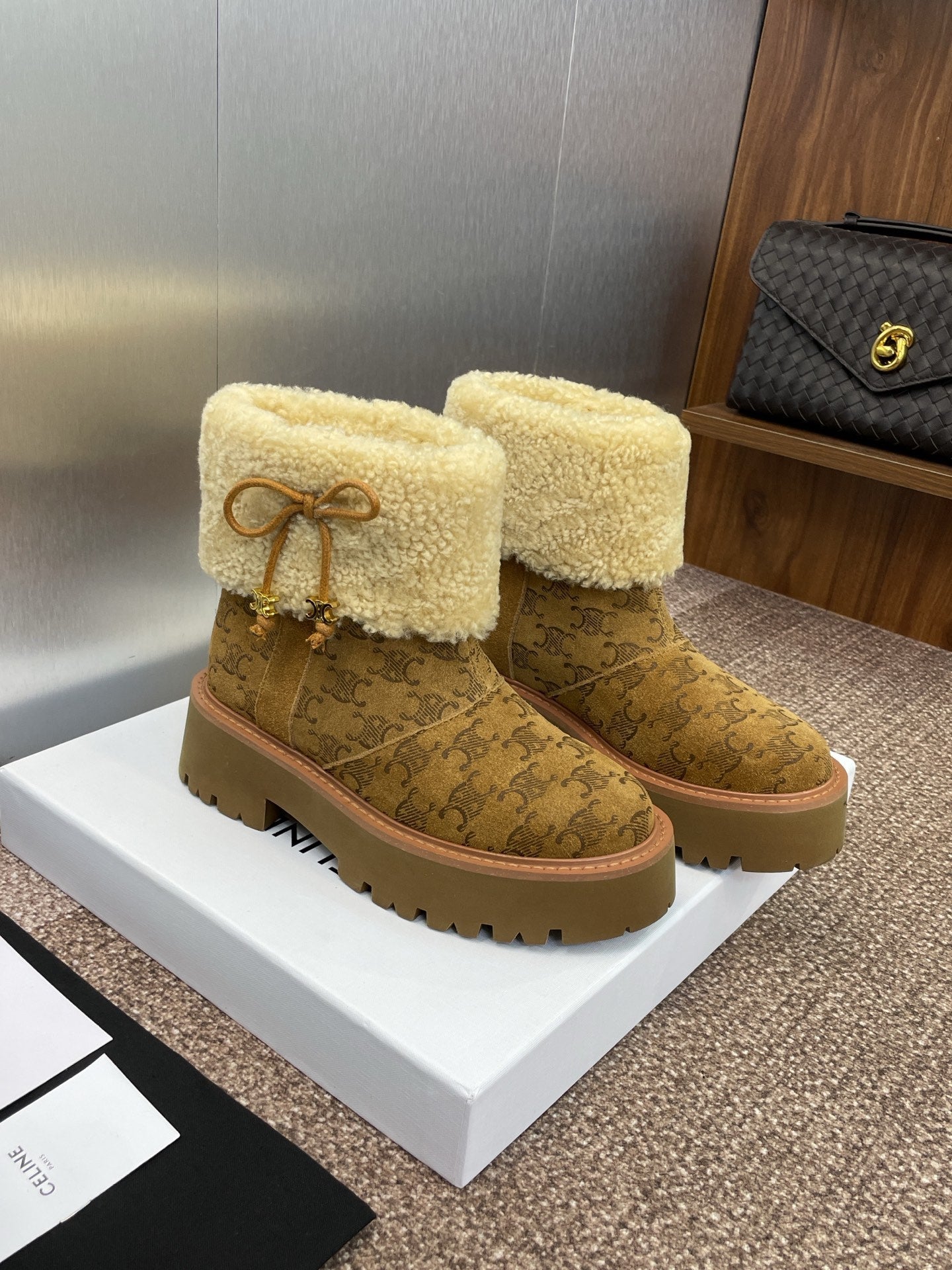 CELINE 26S ANKLE BOOTS 45 MM IN BROWN SUEDE AND BEIGE WOOL
