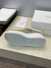 CHLOÉ 26S FUR-LINED WEDGE MULES IN DARK BEIGE SUEDE