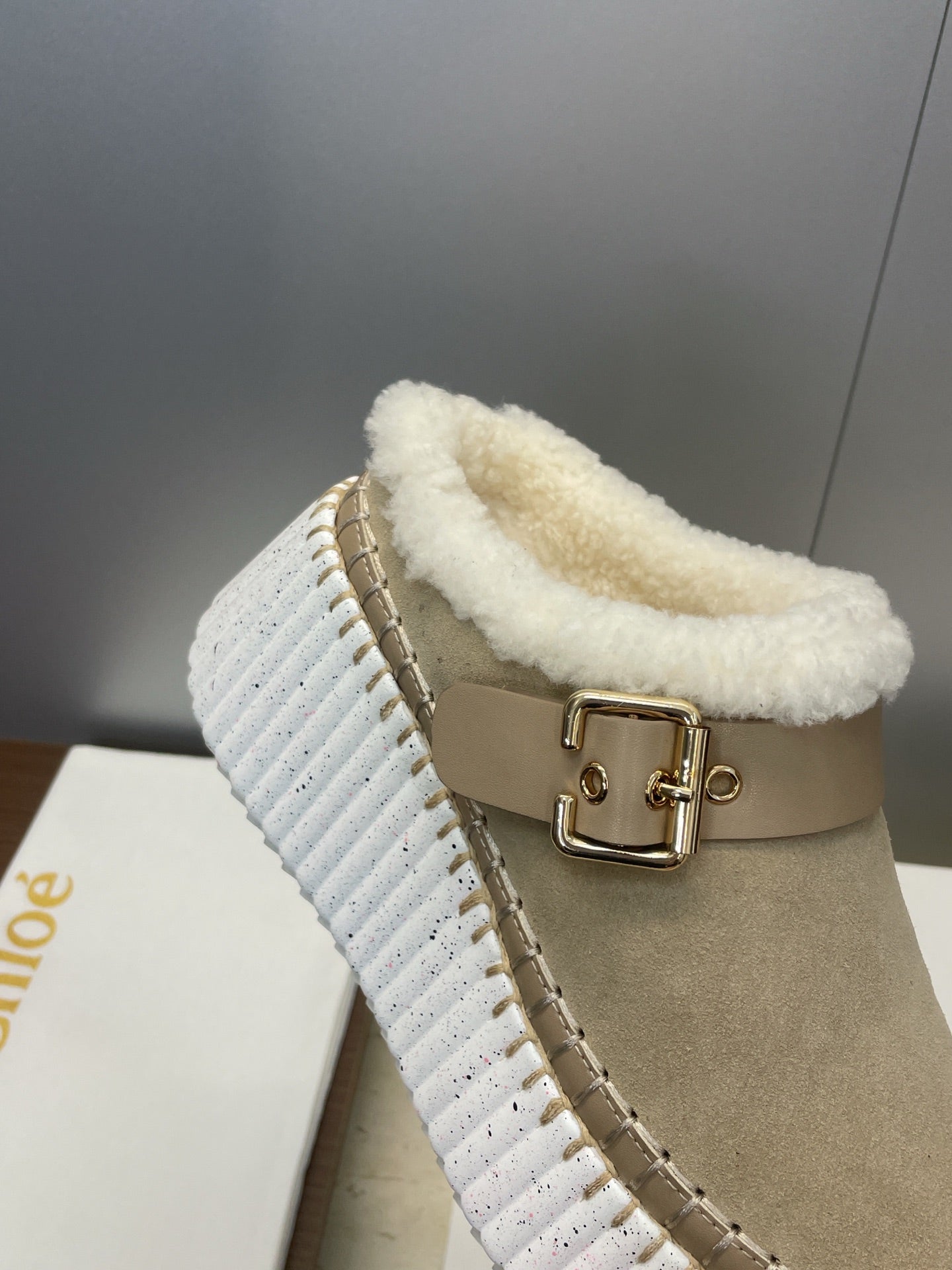 CHLOÉ 26S FUR-LINED WEDGE MULES IN DARK BEIGE SUEDE
