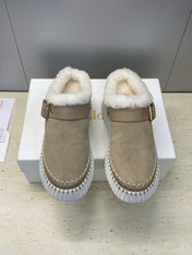 CHLOÉ 26S FUR-LINED WEDGE MULES IN DARK BEIGE SUEDE