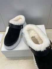 CHLOÉ 26S FUR-LINED WEDGE MULES IN BLACK SUEDE