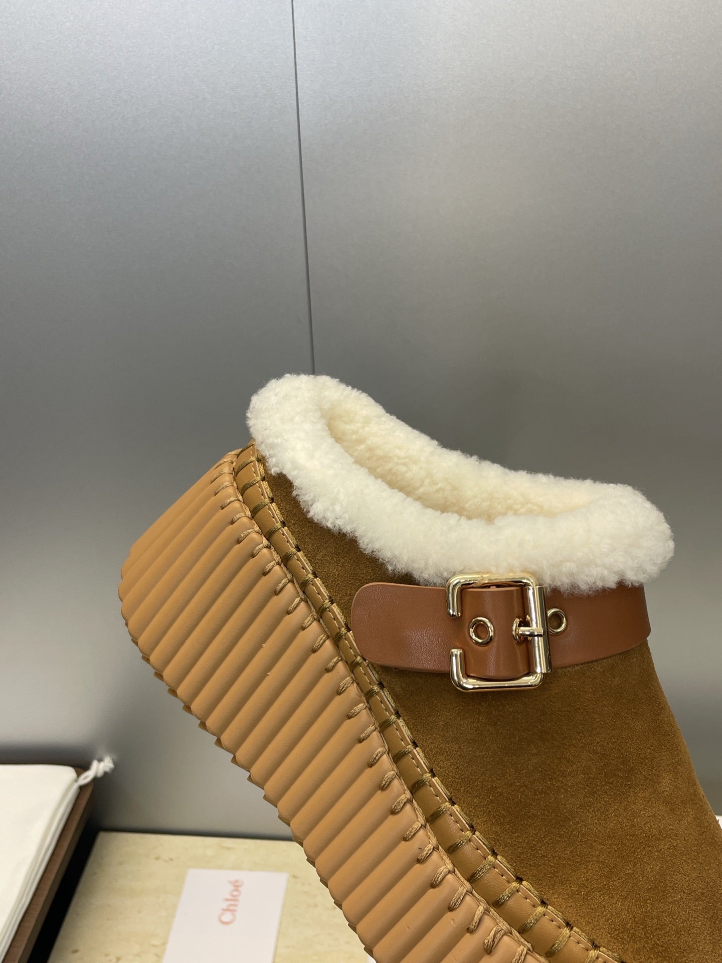 CHLOÉ 26S FUR-LINED WEDGE MULES IN BROWN SUEDE