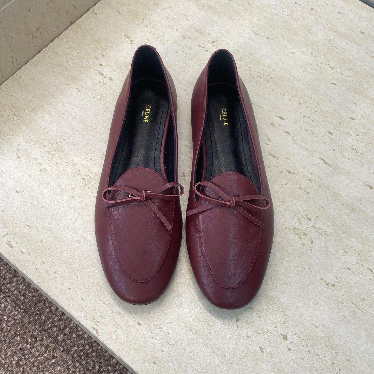 CELINE 26S BALLET FLATS IN DARK RED LAMBSKIN WITH BOW