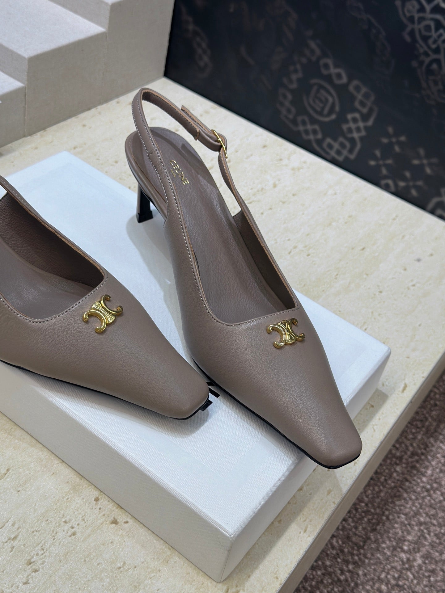 CELINE 26S SLINGBACK HEELS 65 MM IN BEIGE GREY CALFSKIN