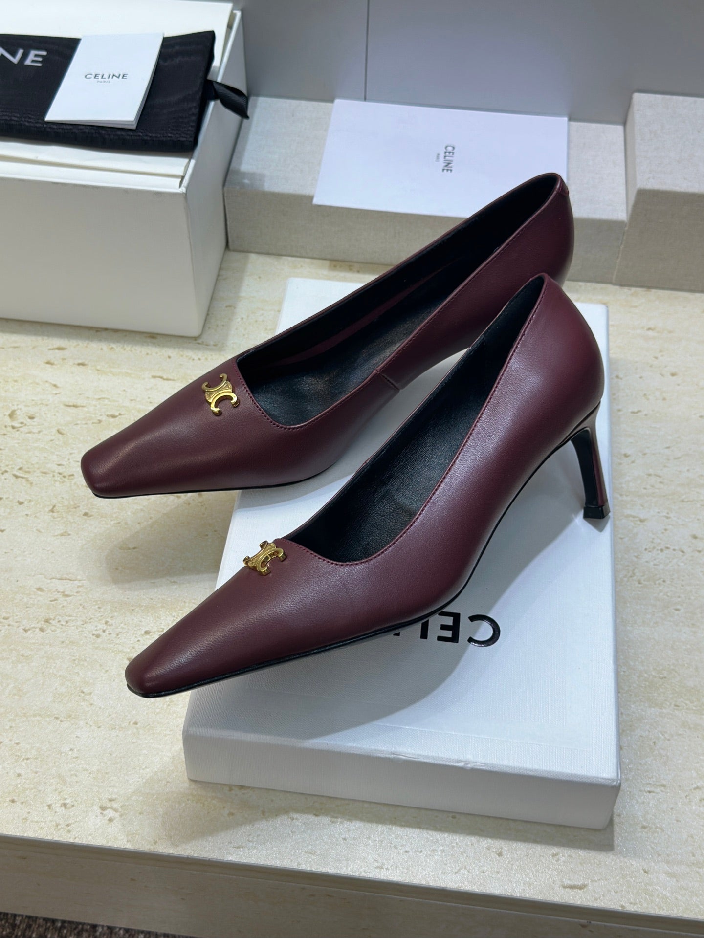 CELINE 26S HIGH HEELS 65 MM IN DARK RED CALFSKIN