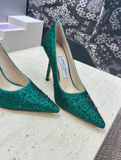 JIMMY CHOO 26S HIGH HEELS 95 MM IN GREEN CRYSTAL-EMBELLISHED