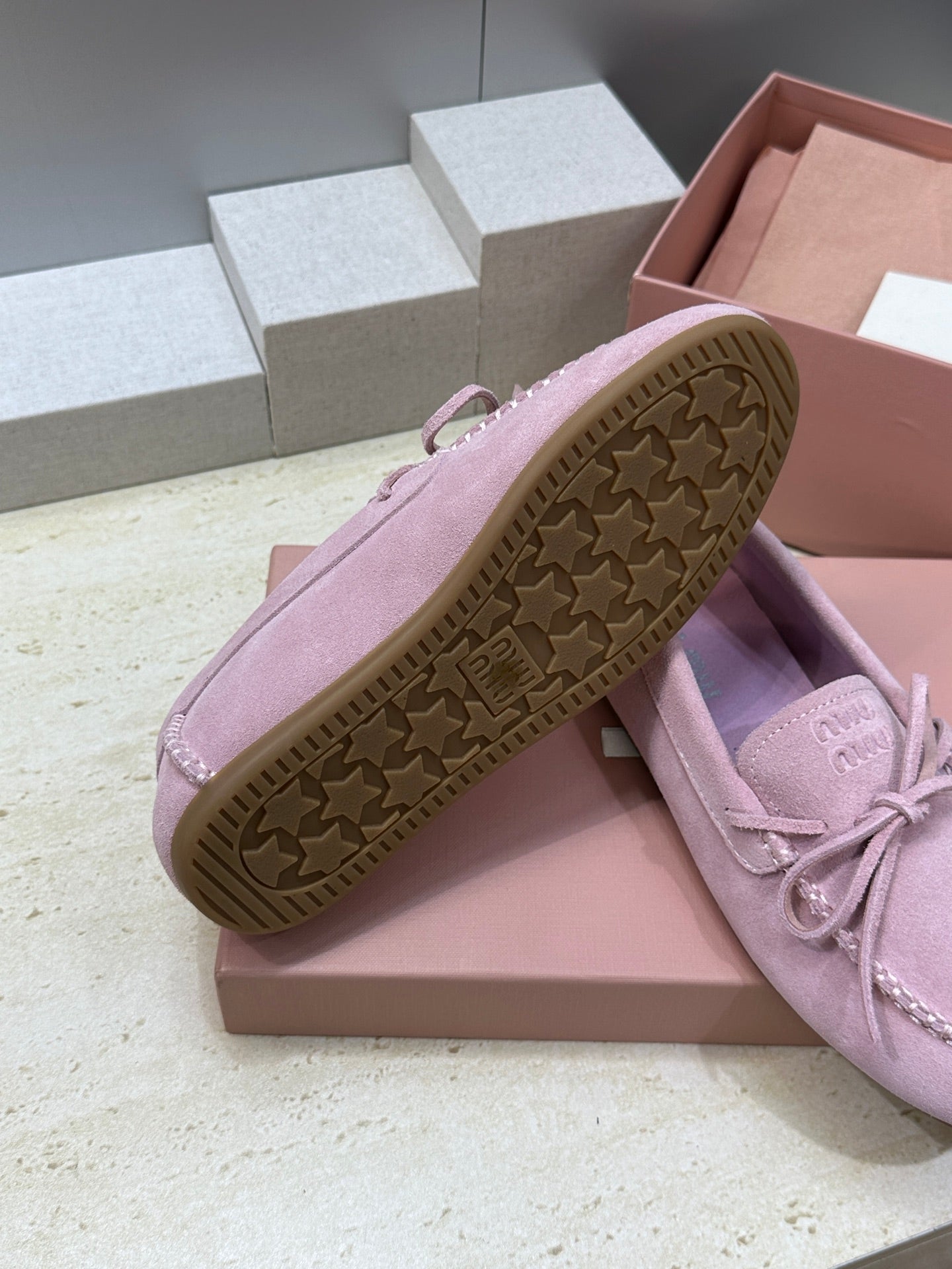 MIUMIU 26S LOAFERS IN LIGHT PURPLE SUEDE WITH BOW