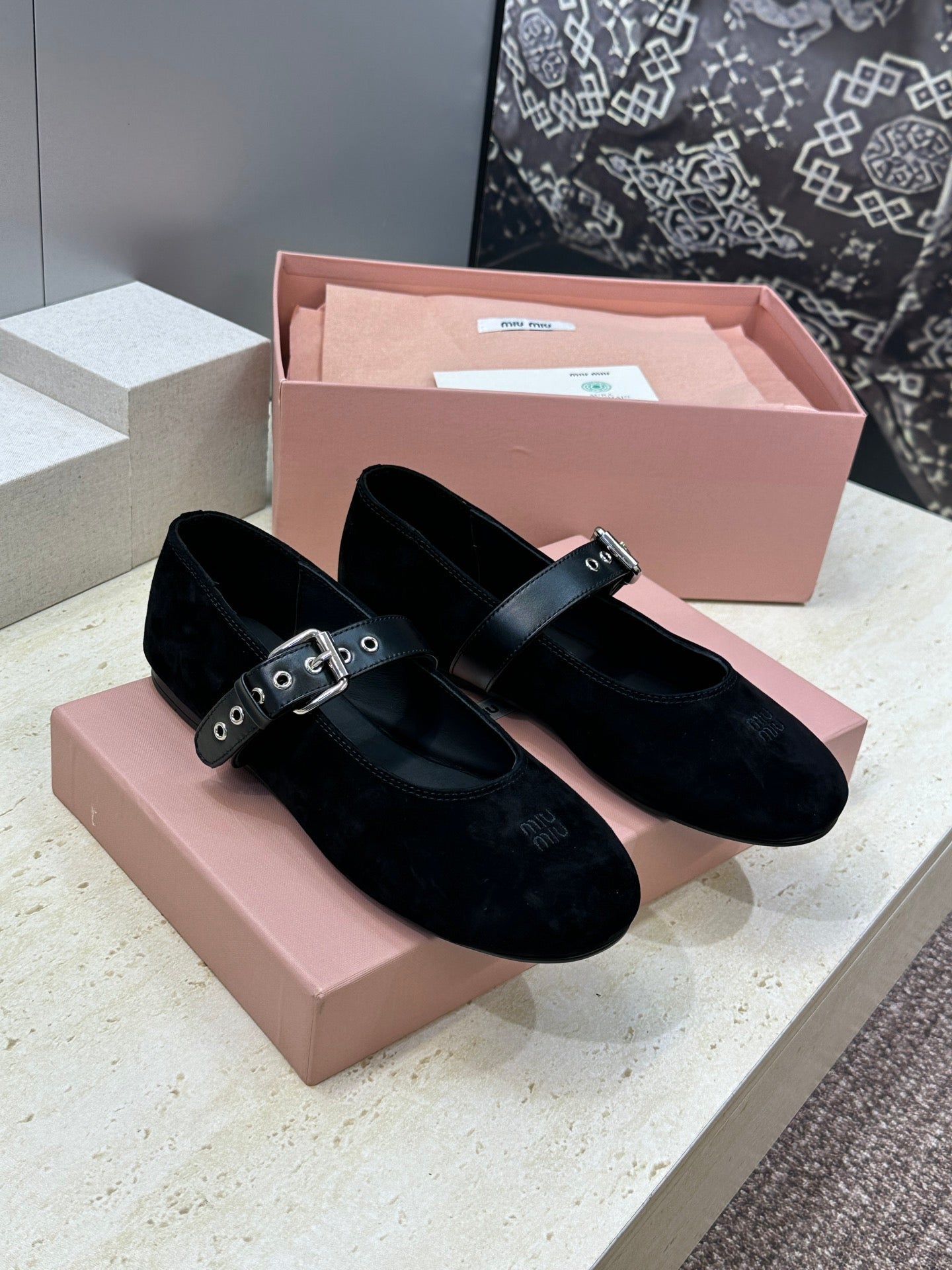 MIUMIU 26S MARY JANE FLATS IN BLACK SUEDE WITH BUCKLE STRAP CALFSKIN