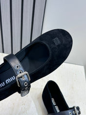 MIUMIU 26S MARY JANE FLATS IN BLACK SUEDE WITH BUCKLE STRAP CALFSKIN