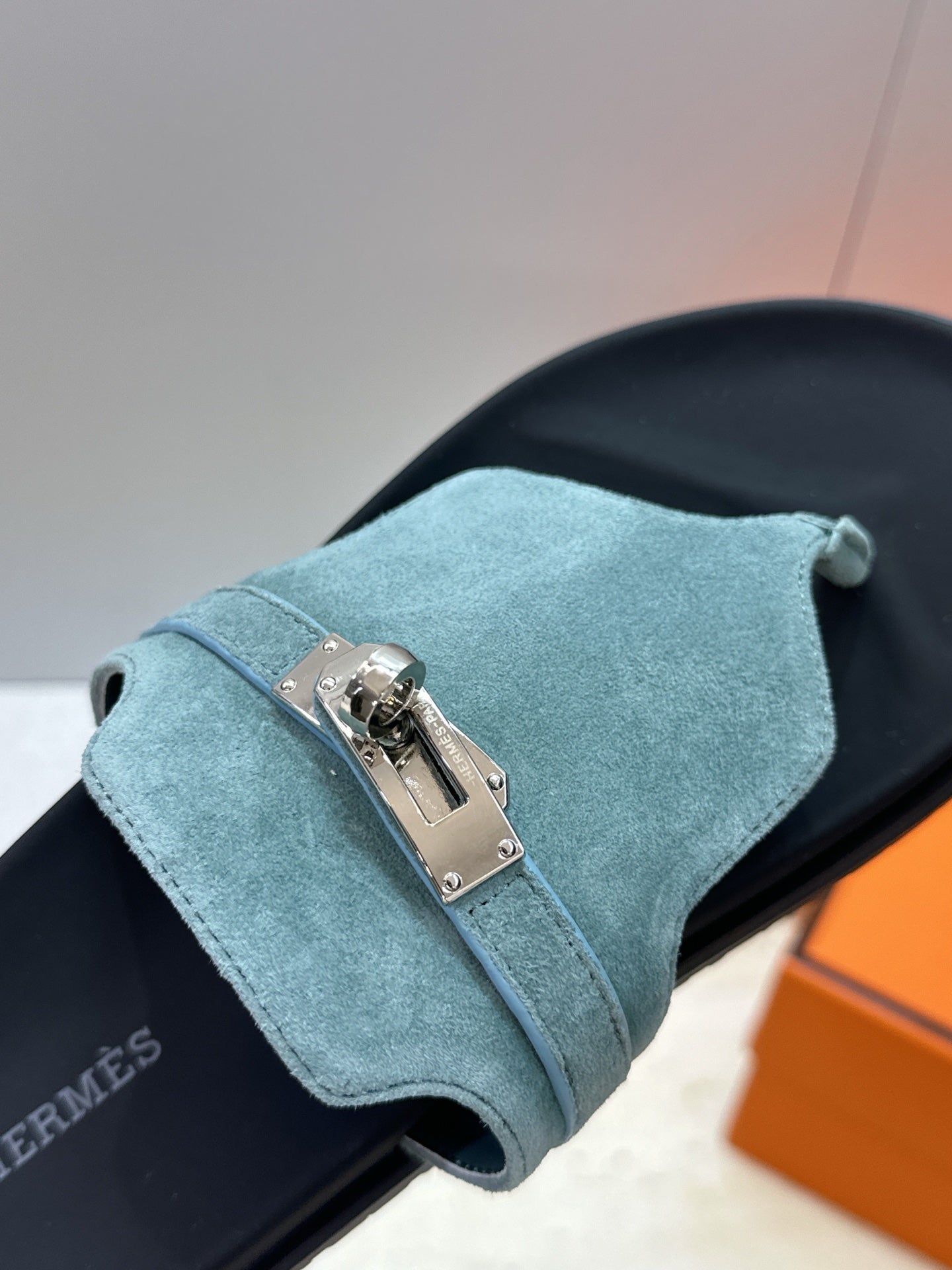 HM 26S EMPIRE SANDAL IN DUSTY SKY BLUE SUEDE SILVER HARDWARE
