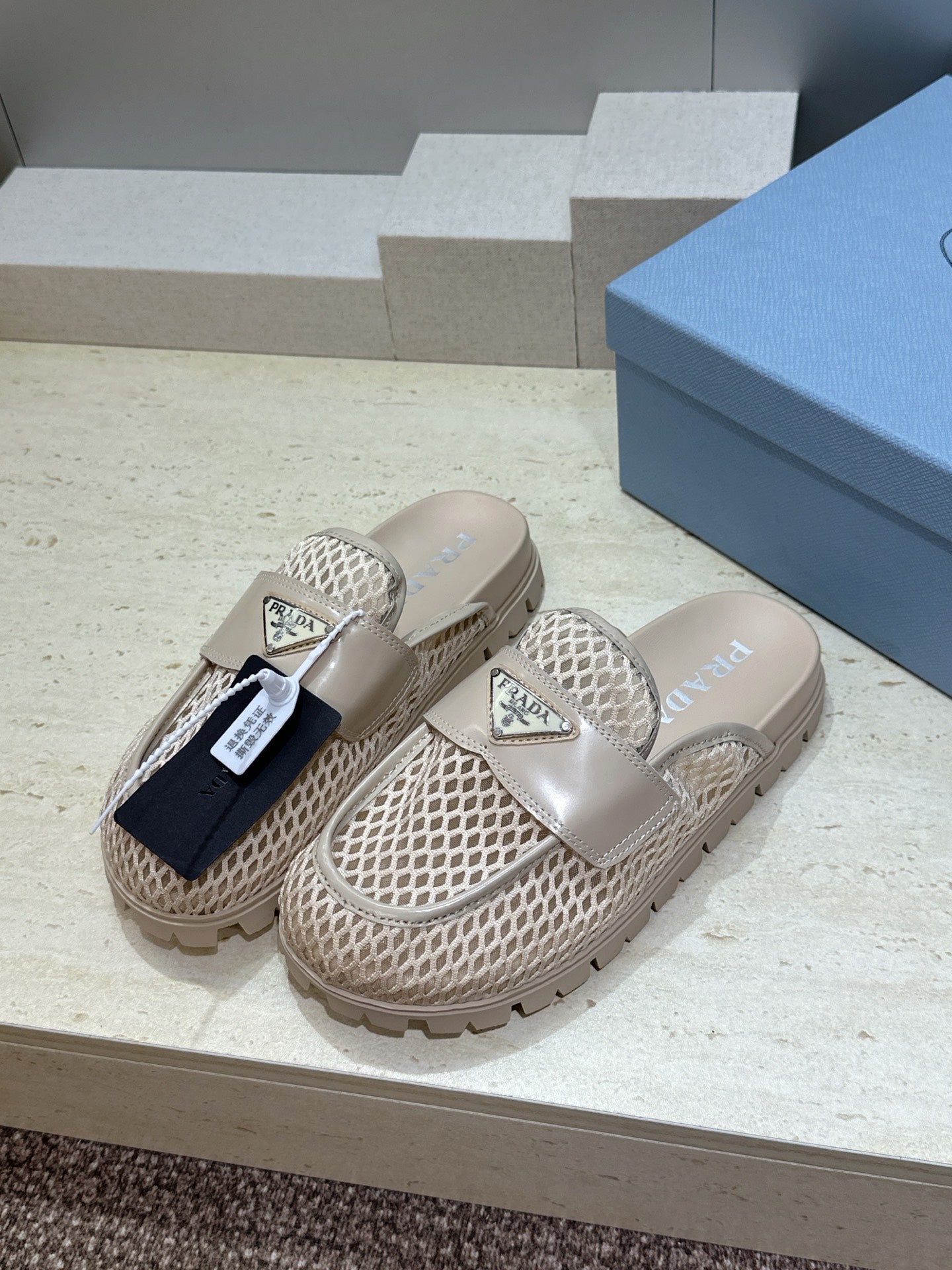 PRADA 26S MULE LOAFERS IN BEIGE MESH AND CALFSKIN