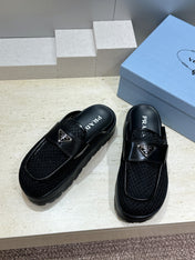 PRADA 26S MULE LOAFERS IN BLACK MESH AND CALFSKIN