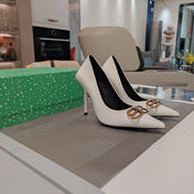 POINTED BB GOLD BUCKLE HIGH PUMPS IN WHITE CROCODILE PATTERN CALFSKIN