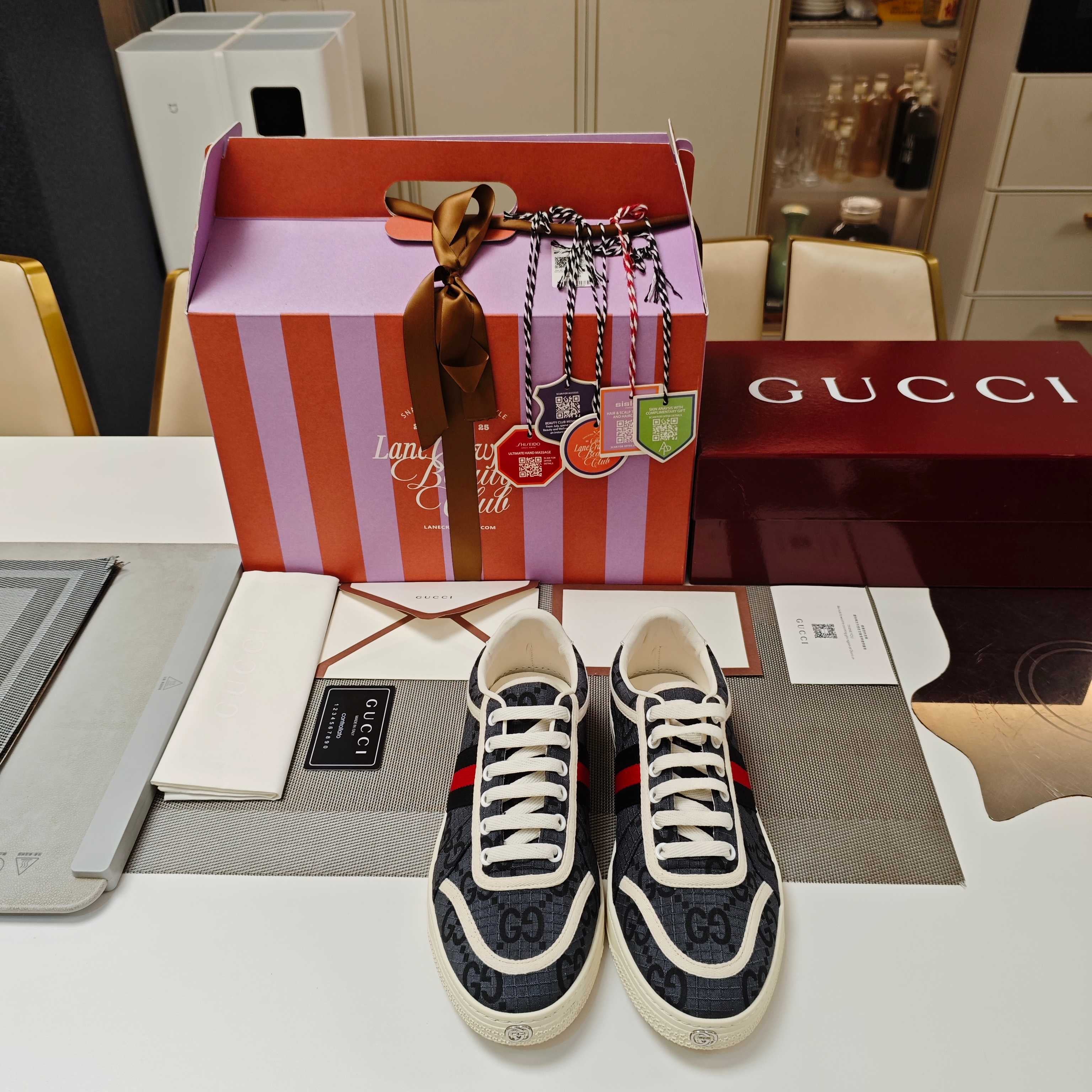 GUCCI 26S GG WEB SNEAKERS IN DARK GREY AND WHITE GG CANVAS