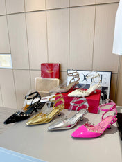 ROCKSTUD CAGED SLINGBACKS 5 CM IN DEEP PINK CALFSKIN