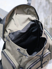 CITY MULTI-POCKET BACKPACK 42 IN KHAKI GREEN NYLON AND BLACK SMOOTH CALFSKIN