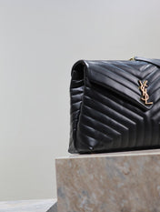 LOULOU LARGE 36 IN BLACK QUILTED CALFSKIN GOLD HARDWARE