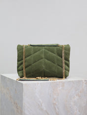 YSL 25S LOULOU PUFFER MINI 23 IN GREEN SUEDE GOLD HARDWRE