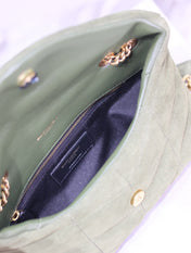 YSL 25S LOULOU PUFFER MINI 23 IN GREEN SUEDE GOLD HARDWARE