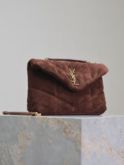 YSL 25S LOULOU PUFFER MINI 23 IN DARK BROWN SUEDE GOLD HARDWARE