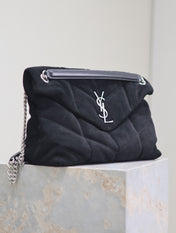 YSL 25S LOULOU PUFFER GM 35 IN BLACK SUEDE SILVER HARDWRE