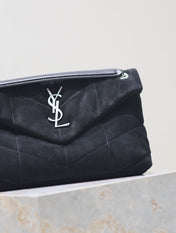 YSL 25S LOULOU PUFFER MM 29 IN BLACK SUEDE SILVER HARDWARE