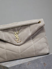 YSL 25S LOULOU PUFFER GM 35 IN SMOKEY TAUPE SUEDE GOLD HARDWRE