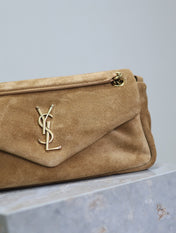 CALYPSO BAG 26 IN CIDER BROWN SUEDE GOLD HARDWARE