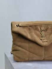 YSL 25S LOULOU PUFFER MM 29 IN TAN BROWN SUEDE GOLD HARDWARE