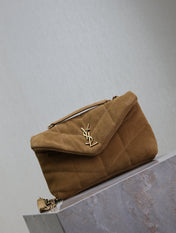 YSL 25S LOULOU PUFFER MINI 23 IN TAN BROWN SUEDE GOLD HARDWRE