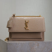 YSL 25S SUNSET MEDIUM 22 IN NUDE CROCODILE-EMBOSSED SHINY CALFSKIN GOLD HARDWRE