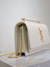 SUNSET SMALL BAG 19 IN WHITE CROCODILE-EMBOSSED CALFSKIN GOLD HARDWARE