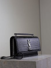 SUNSET SMALL BAG 19 IN BLACK CROCODILE-EMBOSSED CALFSKIN SILVER HARDWARE