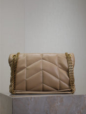 YSL 25S LOULOU PUFFER MM 29 IN BROWN CALFSKIN GOLD HARDWRE