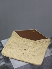 YSL 25S CASSANDRE LARGE ENVELOPE POUCH 29 IN NATURAL RAFFIA GOLD HARDWRE