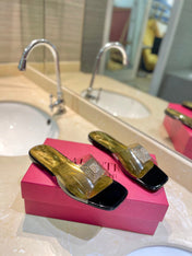 VALENTINO 26S FLAT SLIDES IN BLACK MIX GOLD LAMBSKIN WITH CRYSTAL