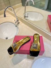 VALENTINO 26S FLAT SLIDES IN BLACK MIX GOLD LAMBSKIN WITH CRYSTAL