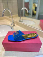 VALENTINO 26S FLAT SLIDES IN BLUE MIX GOLD LAMBSKIN WITH CRYSTAL