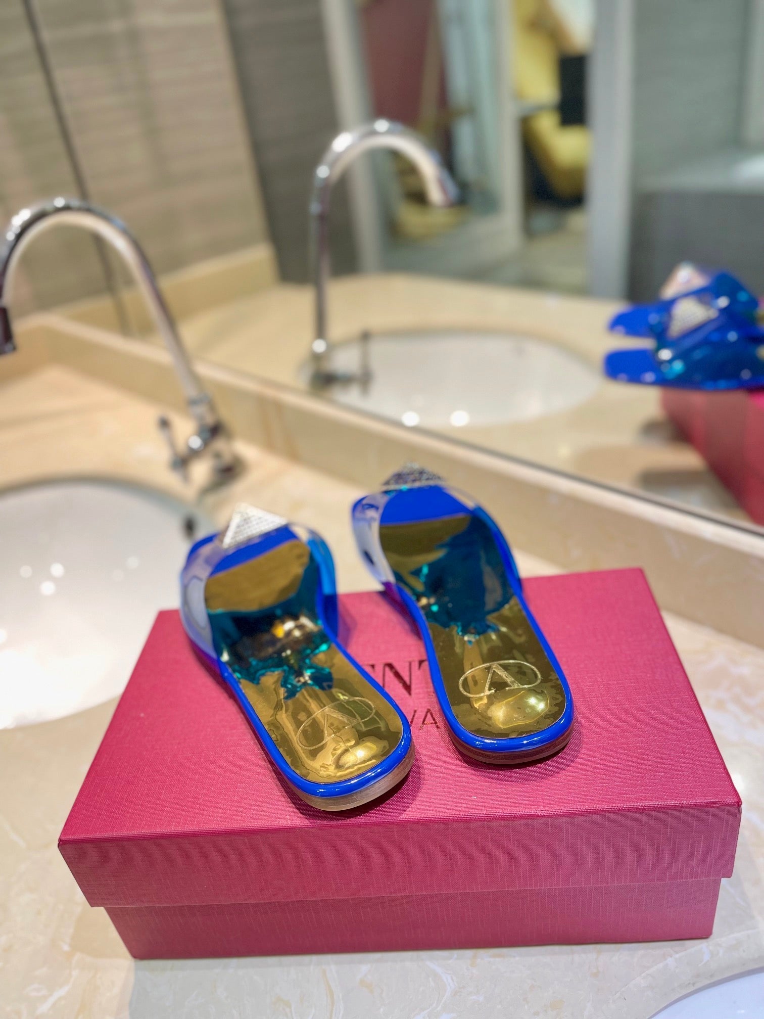 VALENTINO 26S FLAT SLIDES IN BLUE MIX GOLD LAMBSKIN WITH CRYSTAL