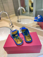 VALENTINO 26S FLAT SLIDES IN BLUE MIX GOLD LAMBSKIN WITH CRYSTAL