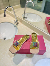 VALENTINO 26S FLAT SLIDES IN NUDE MIX GOLD LAMBSKIN WITH CRYSTAL