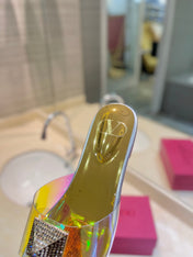 VALENTINO 26S FLAT SLIDES IN SILVER MIX GOLD LAMBSKIN WITH CRYSTAL