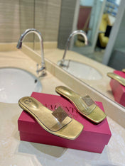 VALENTINO 26S FLAT SLIDES IN GOLD LAMBSKIN WITH CRYSTAL