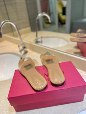 VALENTINO 26S FLAT SLIDES IN BEIGE LAMBSKIN WITH CRYSTAL