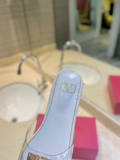 VALENTINO 26S FLAT SLIDES IN WHITE LAMBSKIN WITH CRYSTAL