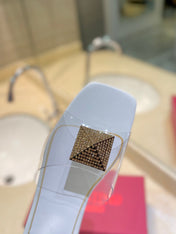 VALENTINO 26S FLAT SLIDES IN WHITE LAMBSKIN WITH CRYSTAL