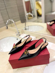 VALENTINO 26S POINTED TOE FLAT SLINGBACKS IN BLACK CALFSKIN