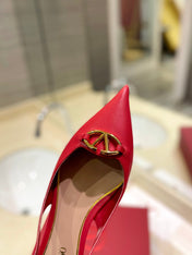 VALENTINO 26S POINTED TOE FLAT SLINGBACKS IN RED CALFSKIN